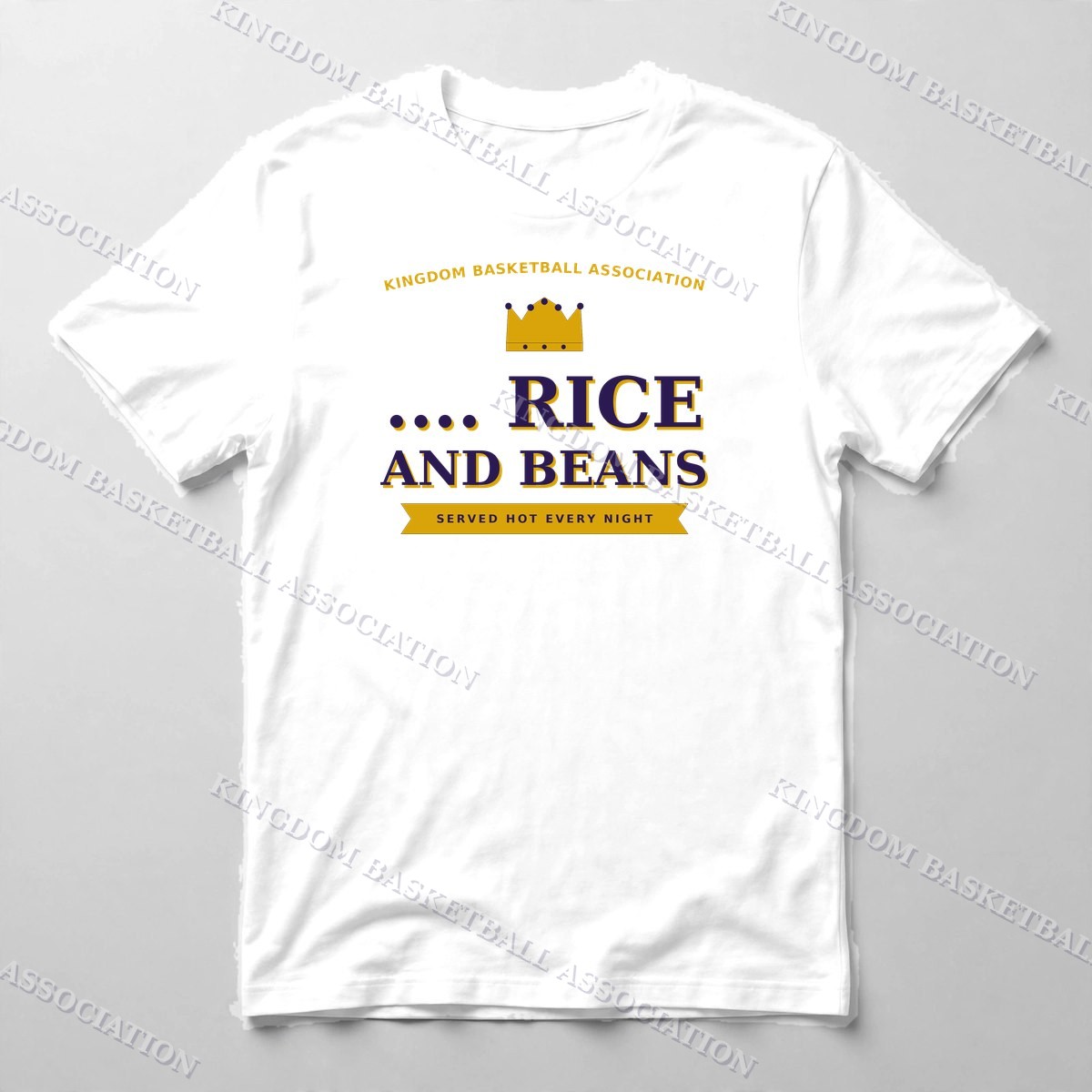 .... Rice and Beans Banner Tee — Tee in White with the printed design