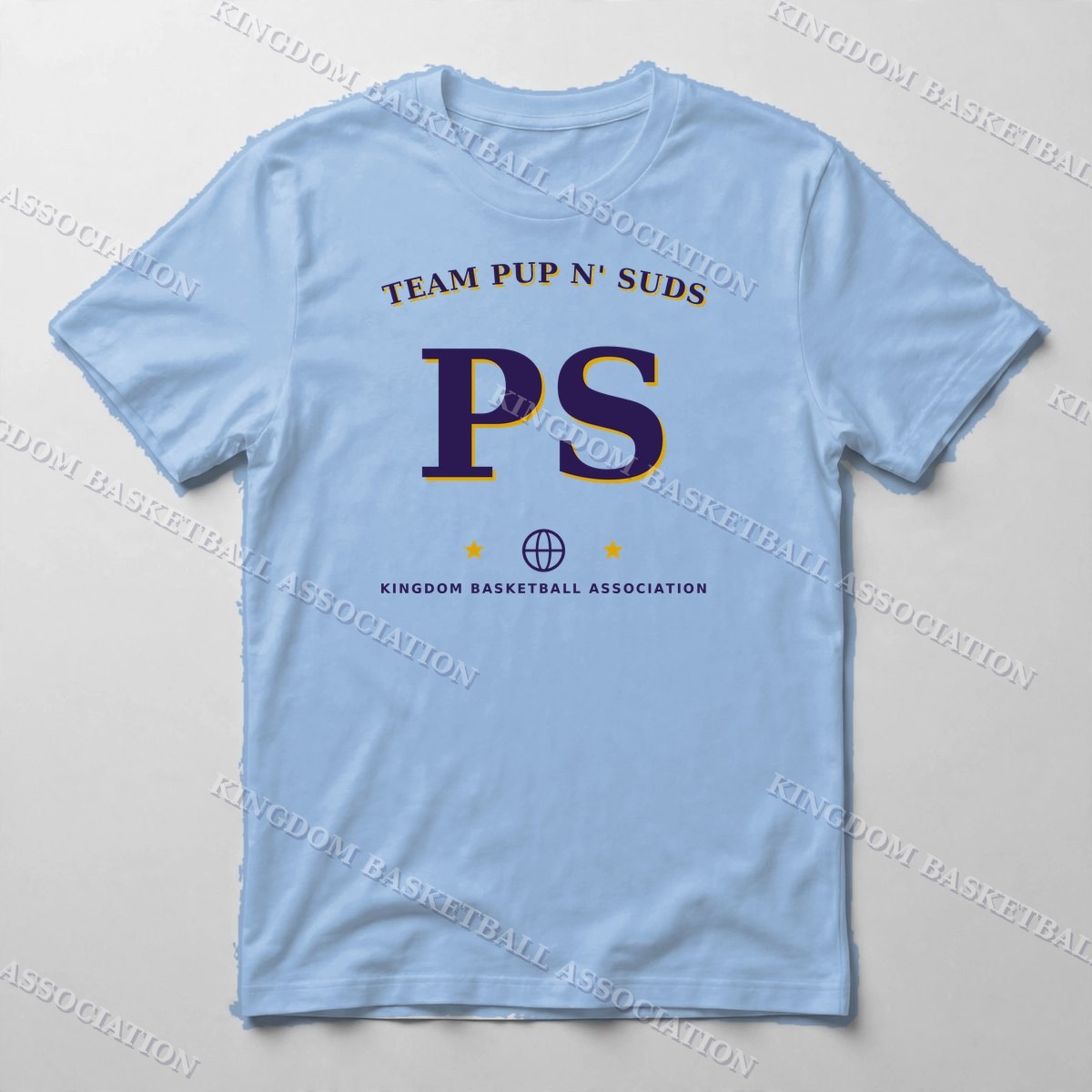 Team Pup n' Suds Varsity Tee — Tee in Carolina Blue with the printed design